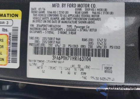 2017 Ford Fusion Se from USA, damaged, VIN 3FA6P0H71HR163104